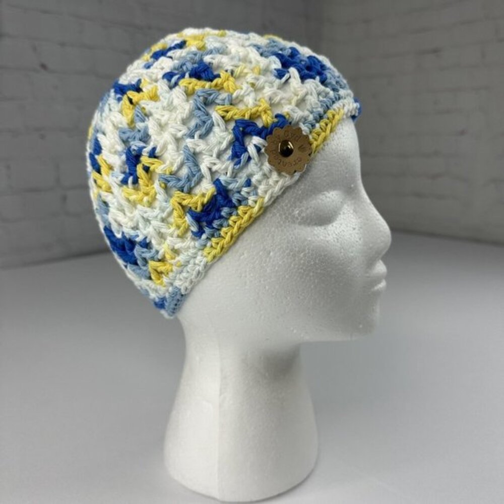 Created by Cyd Clem Crochet Beanie White Blue Cotton Boho Knit Skull Cap Hat NEW
